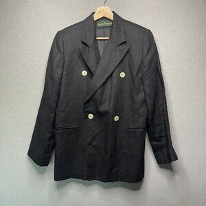 Harvé Benard Womens Petite Double Breasted Blazer Black Linen Blend L
